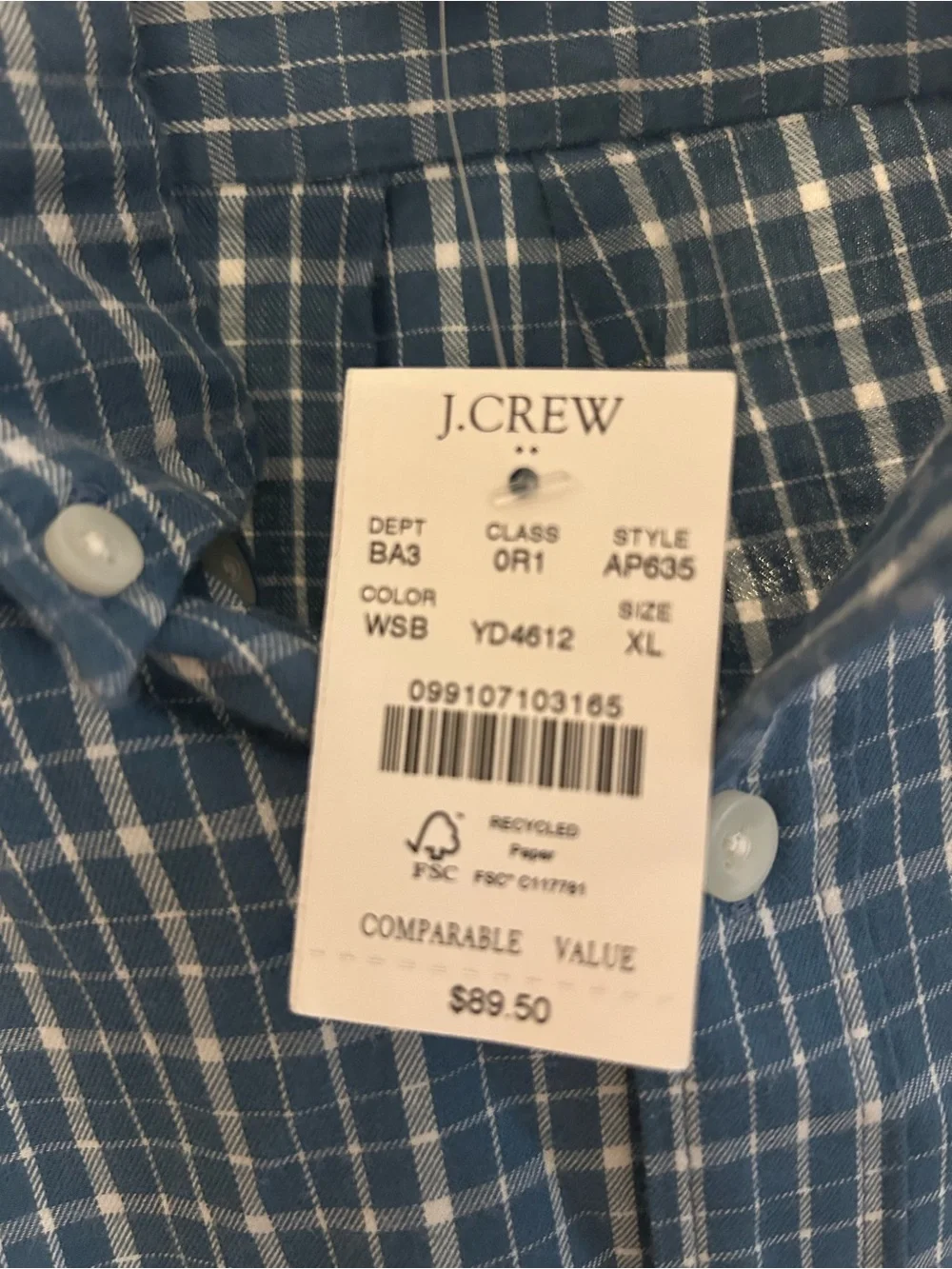 J. Crew Men’s Blue and White Plaid Button-Down Shirt